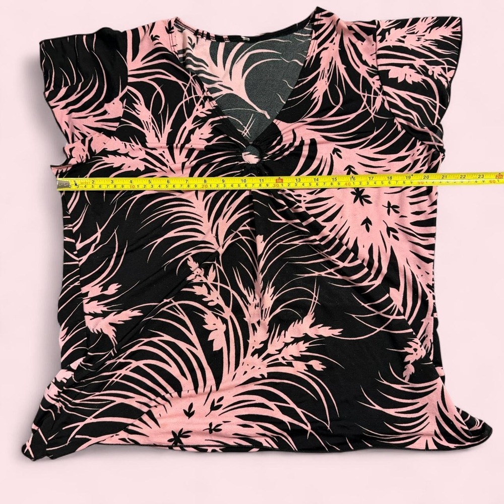 Vintage Y2K Pink Black Tropical Palm Print Ruffle Cap Sleeve O-Ring Blouse XL - Picture 4 of 5